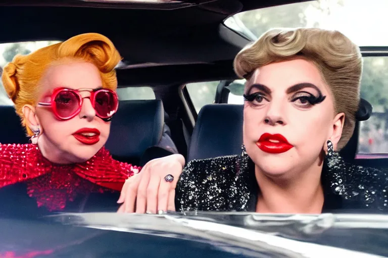 Image similar to lady gaga and judy garland in carpool karaoke, lady gaga, judy garland, red weapon 8 k s 3 5, cooke anamorphic / i lenses, highly detailed, cinematic lighting