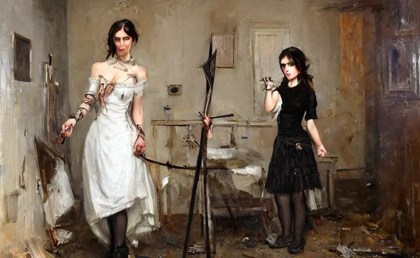 Prompt: Gothic girl holding a knife and standing on an abandoned hospital room. By Konstantin Razumov, highly detailded