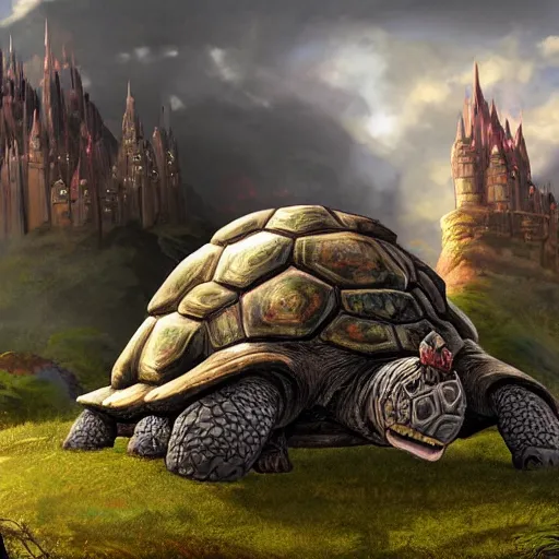 Image similar to large fantasy castle on top of a giant tortoise similar to howls moving castle and mortal engines, located in a harsh wasteland with harsh sunlight, distant - mid - shot, fantasy, hyper detailed, realistic