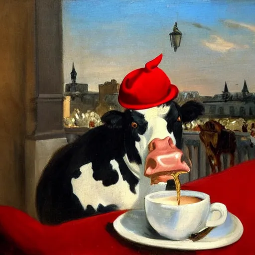 Image similar to fancy cow with a red hat on her head sitting in front of a parisian coffee shop drinking coffee, eugène delacroix painting, 4k, realistic,