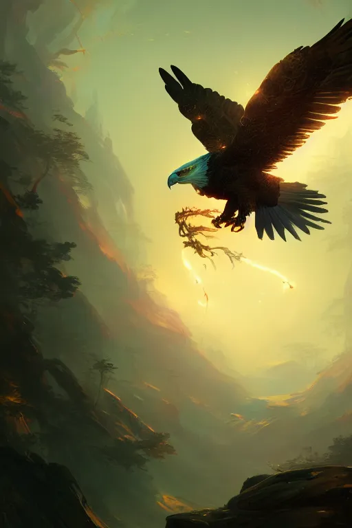 Prompt: cyborg eagle flying on a glowing forest, extremely detailed digital painting, in the style of fenghua zhong and ruan jia and jeremy lipking and peter mohrbacher, mystical colors, rim light, beautiful lighting, 8 k, stunning scene, raytracing, octane, trending on artstation