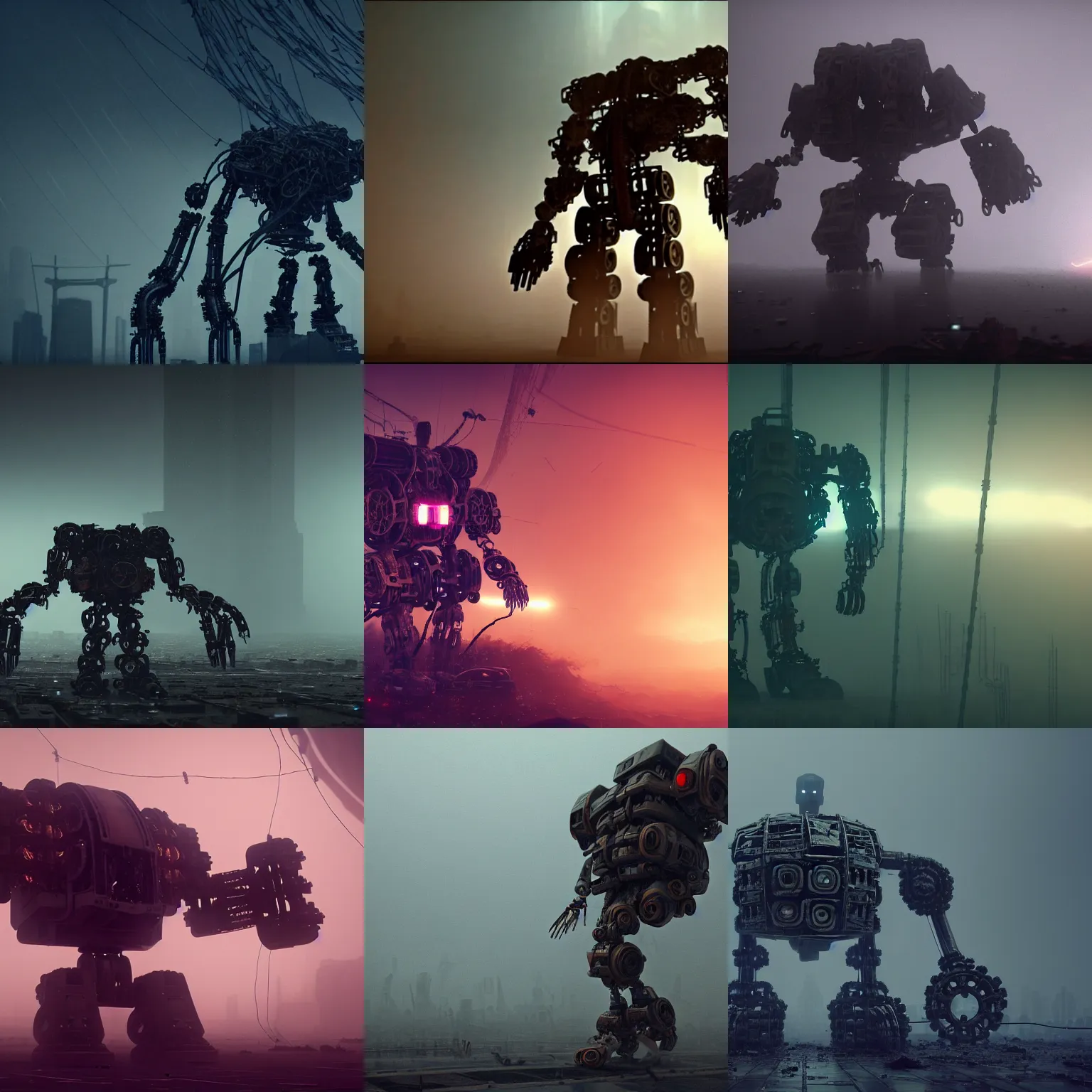 Prompt: a ruin mega mech humanoid broken down in eye of the storm, caught in the flow of time, flying screw, nut, pipe, circuits, wires swirling interwoven. smog. particles. octane render. 8 k. dark atmospheric. cinematic. spectacular. sense of awe. debris. mist. strong winds. super slow motion.