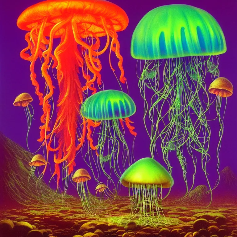 Prompt: mystical jellyfish and shimmering mushroom, volcano valley, bright neon colors, highly detailed, cinematic, tim white, michael whelan, roger dean, bob eggleton, philippe druillet, vladimir kush, kubrick, haeckel, alfred kelsner
