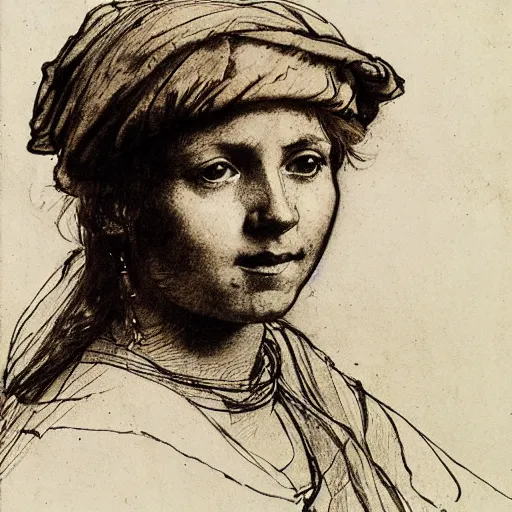 Image similar to materials ink and pen study portrait of a peasant girl by anders zorn, hans holbein the younger, jan van eyck