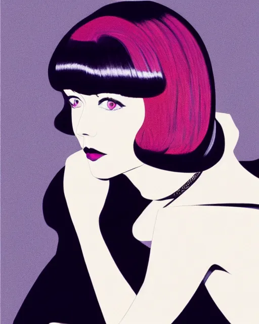 Prompt: colleen moore 4 4 years old, bob haircut, portrait painted by patrick nagel and stanley artgerm, dramatic lighting