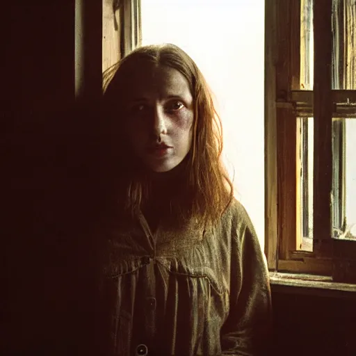 Image similar to portrait bust of young woman, tired expression, faded color film, russian cinema, tarkovsky, kodachrome, inside old cabin, next to window, heavy forest outside, long brown hair, old clothing, heavy fog, brown color palette, hudson river school, 4 k, dramatic lighting, greg rutkowski