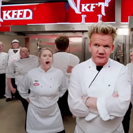 Prompt: gordon ramsay yelling at kfc employees on kitchen nightmares. the employees are lined up and in their kfc uniforms.