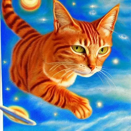 Image similar to a red tabby cat on a synthesizer flying through space , highly detailed oil painting in Memphis style