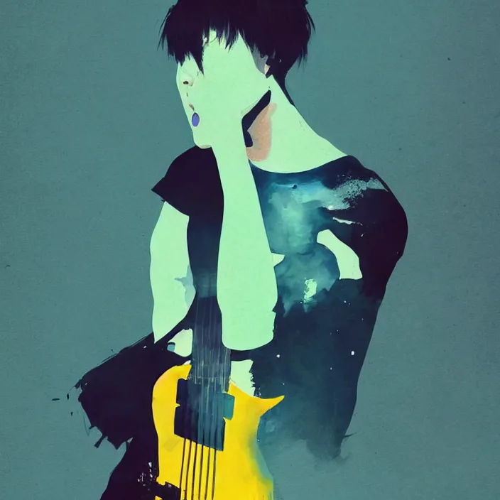 Prompt: a young korean man wearing black t shirt plays electric guitar on stage, dramatic lighting, matte colors, thought provoking, by conrad roset, dramatic abstract brush painting, trending on artstation