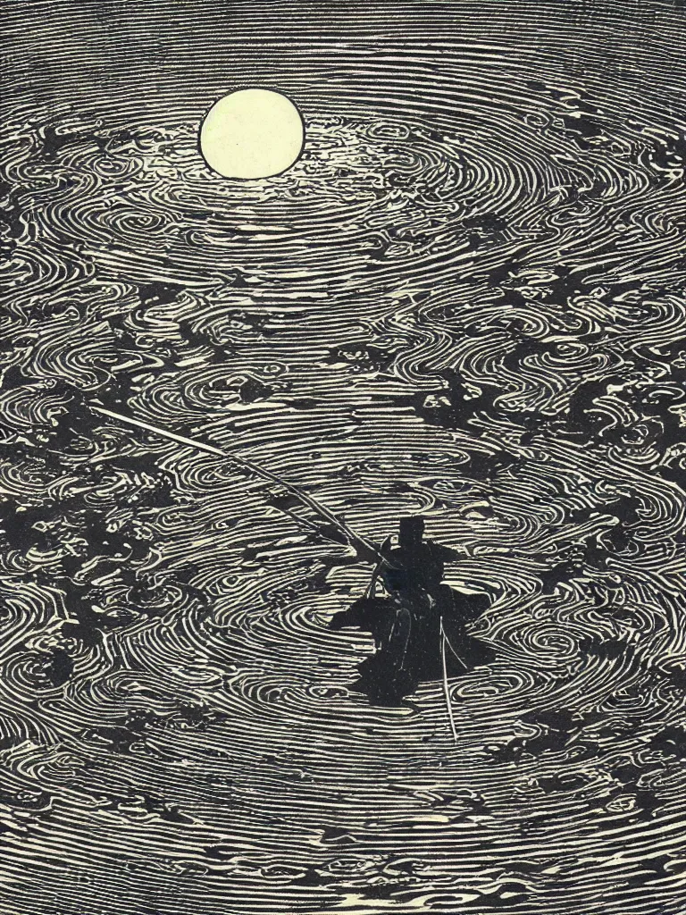 Prompt: old printmaking woodblock print of a samurai (in the middle of the composition, centered) with a katana standing in water with ripples around him, a big sun above. beautiful dark fantasy, 8k detail