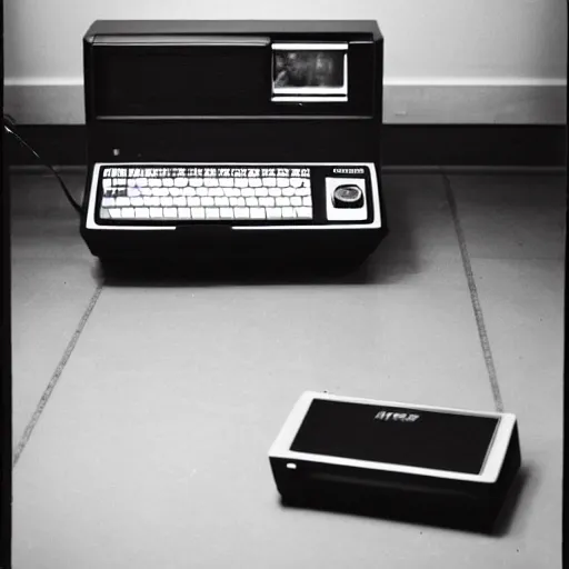 Prompt: trs - 8 0 computer on floor in the middle of a large museum, black and white polaroid