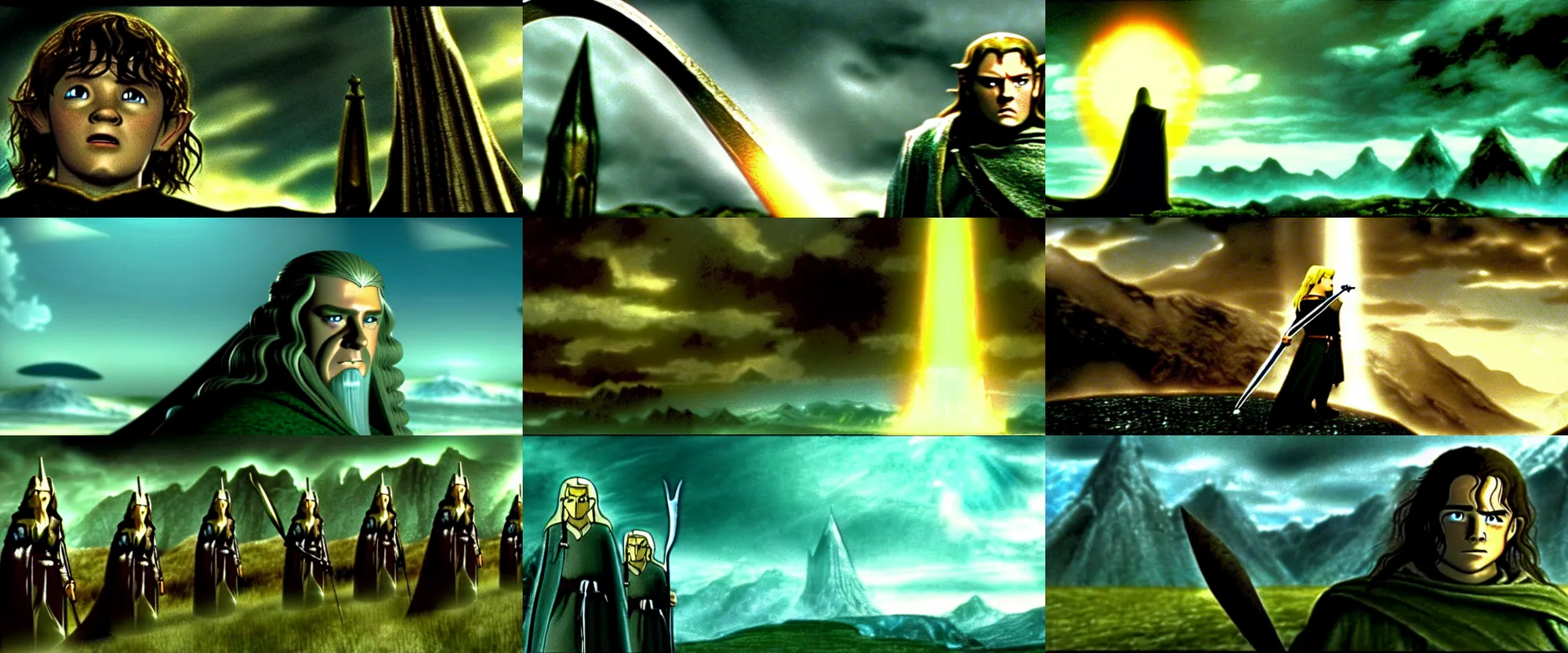 Prompt: a still frame from The Lord of the Rings: The Two Towers (2002), Toonami