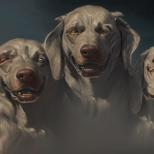 Image similar to a portrait of cerberus the three headed dog, gatekeeper of hell, greek mythology, hades, hyper realistic, very detailed, in the style of greg rutkowski