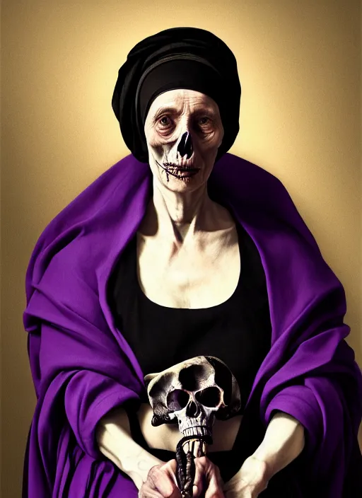 Image similar to portrait of a old year woman with a headscarf a dress of bones and piony snake smoke, purple colour scheme, full length, masterpiece, dark background, art by caravaggio, artstation