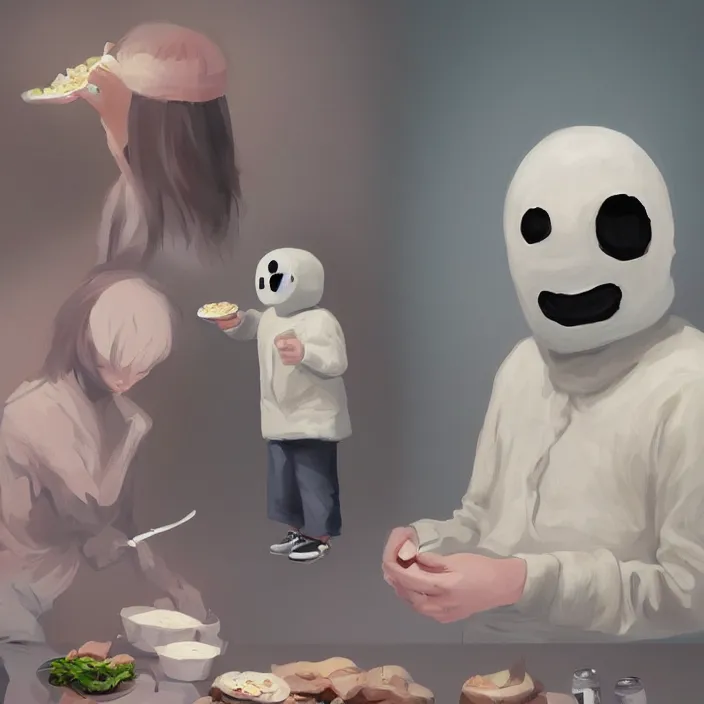 Prompt: hungry no - face munching in a shoppingmall, highly detailed, lifelike, photorealistic, digital painting, artstation, illustration, concept art