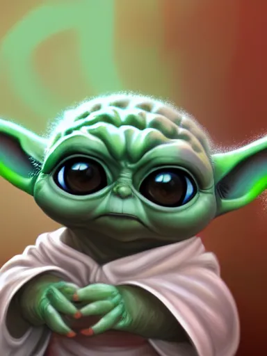 Prompt: baby yoda with red eyes smocking joint, digital painting, artstation, highly detailed