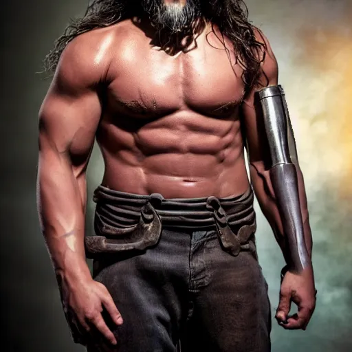 Image similar to animatronic Jason Momoa, exposed mechanics, photo, Stan Winston studios, detailed, 4k