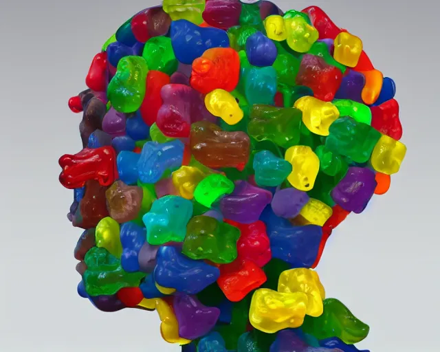 Image similar to a giant sculpture made out of of gummy bears in a human head shape, on the surface of the ocean, in the style of chad knight, long shot, hyper detailed, hyper realistic, ray tracing, 8 k resolution, sharp focus, realistic water, award winning sculpture