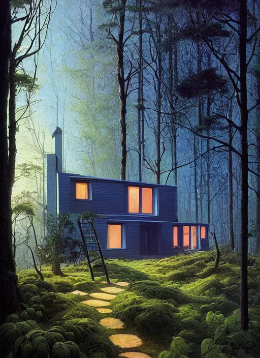 Image similar to hyper realistic witchy modern house with mood lighting and tech in the woods gorgeous lighting, blue sky, highly detailed, lush forest foliage painting by zdzisław beksinski and norman rockwell and greg rutkowski weta studio, and lucasfilm