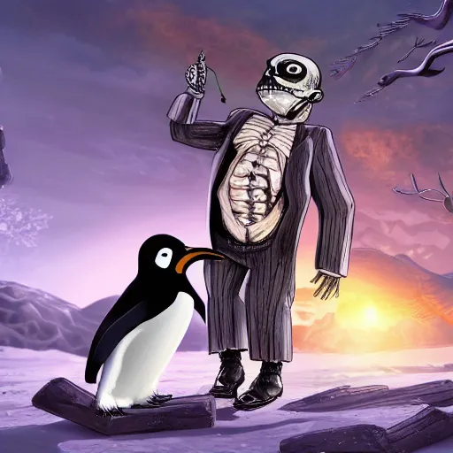 Prompt: end of days skeleton overlords enslaves penguin-human hybrids, landscape, 4k, detailed, cartoon