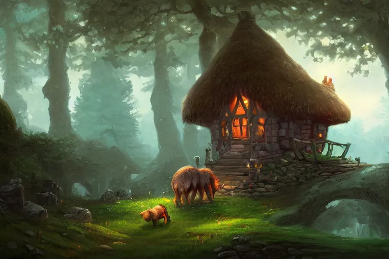 Prompt: a painting of a little cottage sitting on the back of a giant wolf that is walking through a magical forest, by andreas rocha, trending on artstation