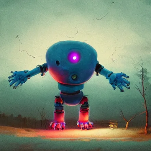 Prompt: a ghost - like creature with cyan skin, blue triangle eyes and blue - purple hair in blue armor with a long red scarf and grey robotic hand implants with sharp claws with glowing light - blue markings across the body hovering in the air with a friendly pose, art by simon stalenhag