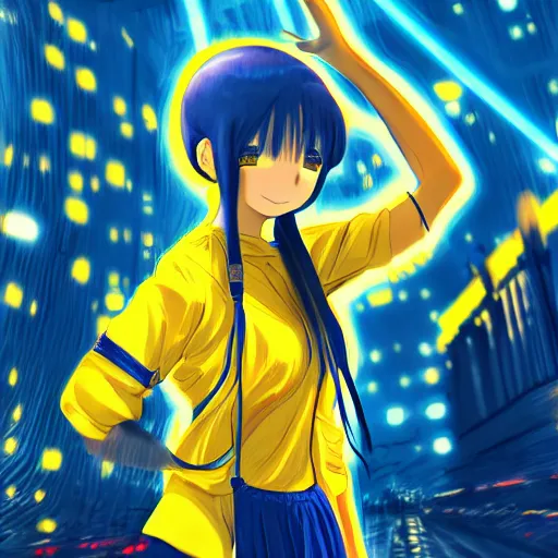 Image similar to anime ukrainian girl, in blue and yellow clothes, watching explosions in big city, concept art, trending on artstation, highly detailed, intricate, sharp focus, digital art, 8 k