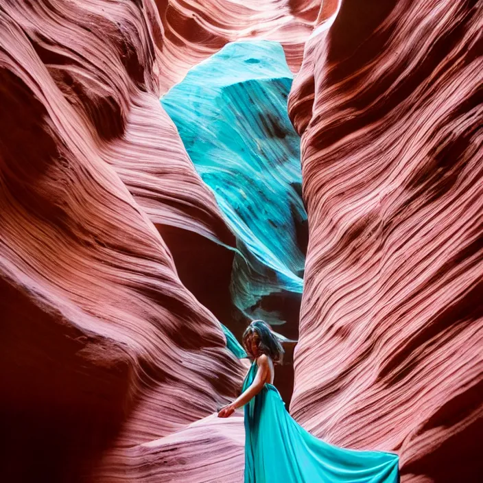 Image similar to closeup portrait of a woman wrapped in turquoise fiber, standing in antelope canyon in arizona, color photograph, by vincent desiderio, canon eos c 3 0 0, ƒ 1. 8, 3 5 mm, 8 k, medium - format print