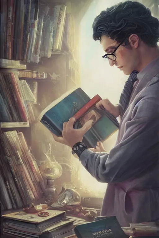 Prompt: magic nerdy guy reading a book in a cluttered messy bedroom, artgerm, tom bagshaw, gerald brom, vaporwave, vaporwave colors, perfect face, detailed face, symmetrical face,