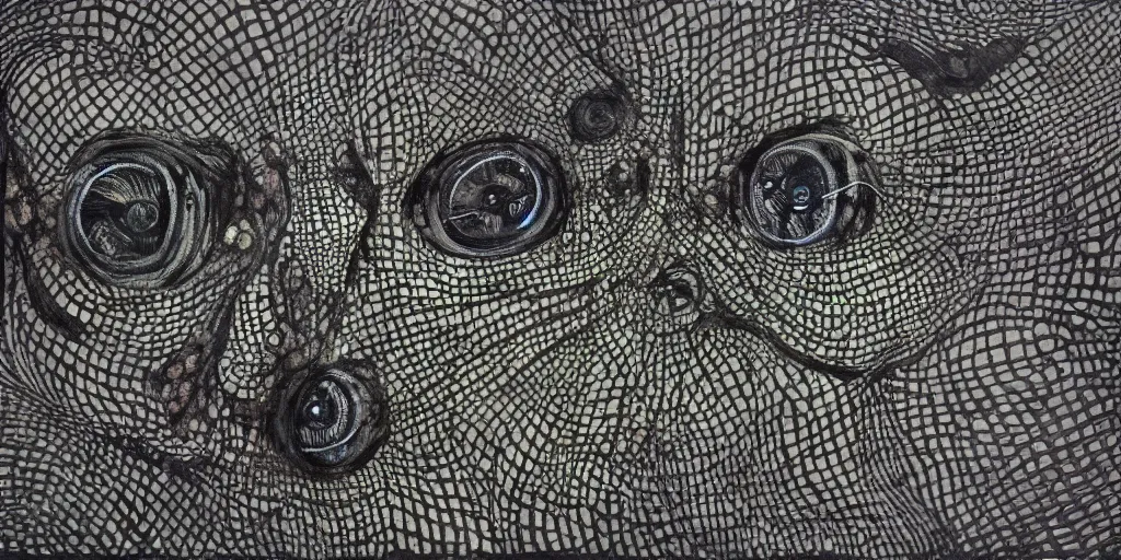 Image similar to camo of eyes, technical, acrylic, teeth, eerie, tribal, clay, dots, lines, stipple, points, grid, cybernetic, old painting, francis bacon, swirly eyes, hypnosis, eerie, sharp