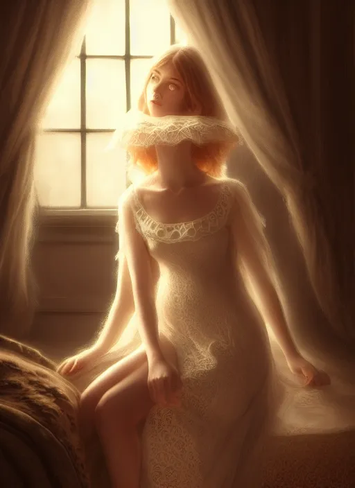 Image similar to young woman beautiful face : : sleeping lace dress : : night home bed : : weta disney pixar movie still photo : : decadent highly - detailed digital painting, full length shot, golden ratio, octane render, artstation, smooth, sharp focus, artgerm, mucha, loish, wlop, gogo