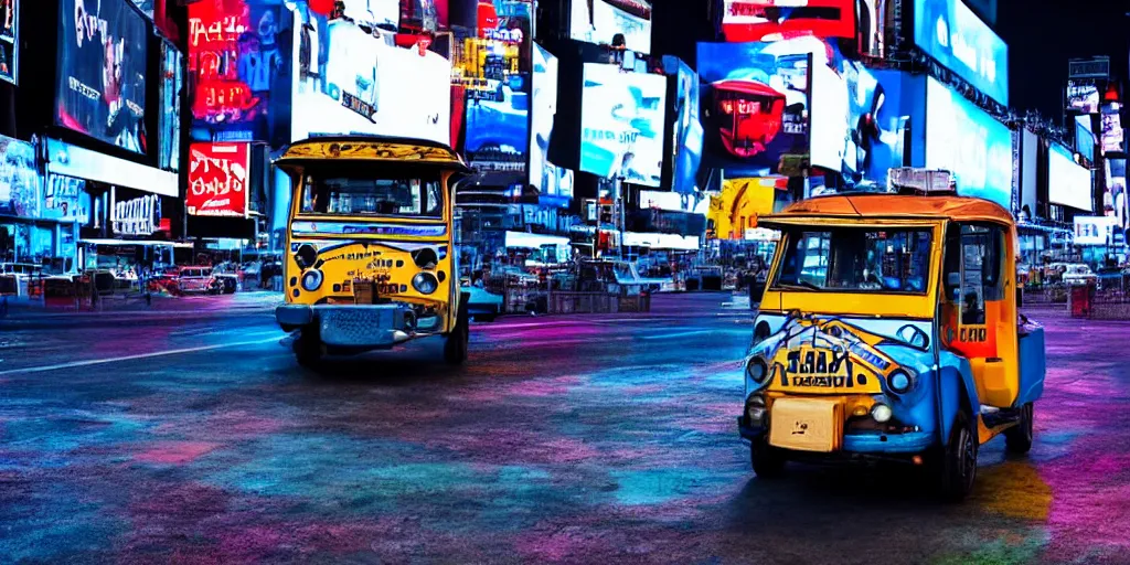 Prompt: a blue and white tuk tuk in Times Square at night, highly detailed, hazy, cloudy, intense neon lighting, matte painting, concept art, 4k