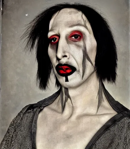 Image similar to portrait of marilyn manson by joel peter witkin and hieronymus bosch, high quality, high detail