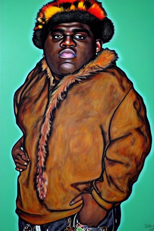 Image similar to full body!! a portrait of biggie smalls aka notorious b. i. g. wearing boho - chic style clothes, with a fur muffler and feathers, realistic painting in egon schiele style, masterpiece, hyperdetailed, complex, intricate, 4 k, hyperrealistic, trending on artstation