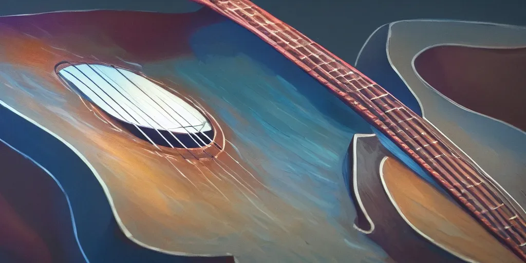 Image similar to a beautiful scenery in the shape of half a guitar, wide angle, super highly detailed, professional digital painting, artstation, concept art, smooth, sharp focus, no blur, no dof, extreme illustration, unreal engine 5, photorealism, hd quality, 8 k resolution, cinema 4 d, 3 d, beautiful, cinematic, art by tim burton