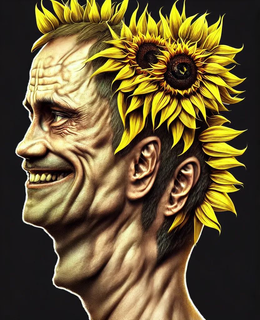 Prompt: digital art, centered full body of Putin smiling king, Sunflower crown, ,intricate, veins, by James Jean and by artgerm , by ross tran ultradetailed, charachter design, concept art, trending on artstation,