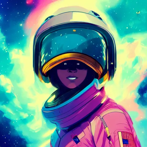 Image similar to fearless bipoc astronaut woman floating in orbit around a colorful exploding nebula, reflections of space beauty in her helmet visor, ambient lighting, 4 k, lois van baarle, ilya kuvshinov, rossdraws, jung gi kim, artstation