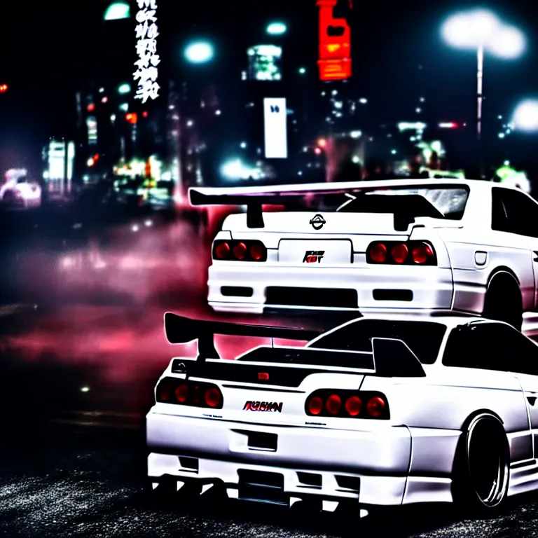 Prompt: a car Nissan R33 GTR twin turbo drift at illegal car meet, Shibuya prefecture, city midnight mist lights, cinematic lighting, photorealistic, highly detailed wheels, high detail