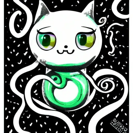 Image similar to a cute digital art of black ink slime in form of liquid black cat with tentacles , cartoon sticker illustration , dnd slime art