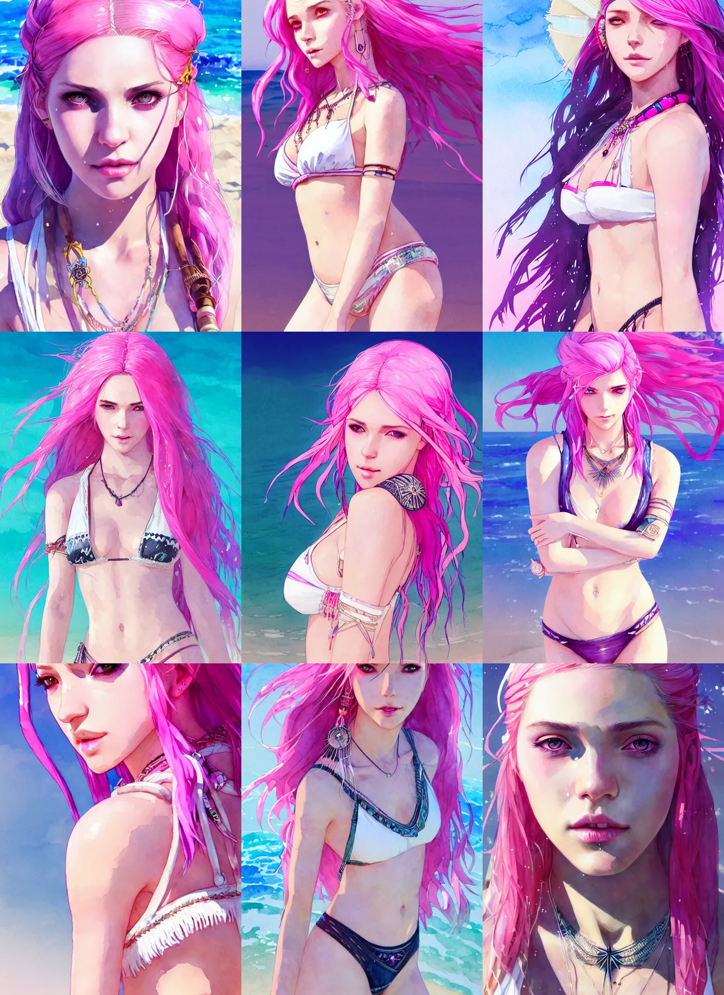 Prompt: portrait of a beautiful girl with pink hair with boho accessories, in white reflective bikini at beach, symmetry face, top lighting, cute - fine - face, ( watercolor ), yennefer witcher 3, art by hidari and krenz and wenjun lin and starember and kuvshinov ilya and kidmo and rossdraws and artgerm