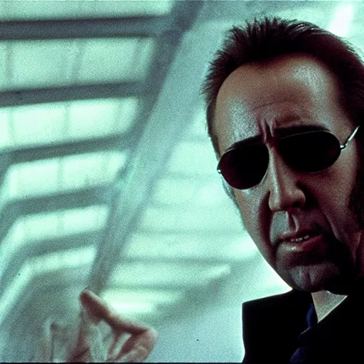 Prompt: Nicolas Cage playing Neo in The Matrix, film still, photo