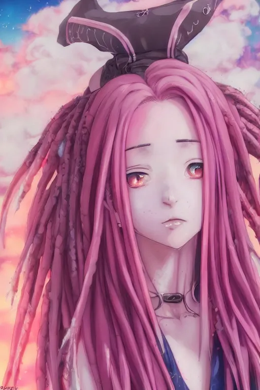 Image similar to portrait of an anime manga girl with pink and white dreads, straight on portrait, by artgerm, james jean, tom bagshaw, gerald brom, vaporwave colors, lofi colors, vaporwave, lofi, goth vibe, 4 k, smooth, hd, substance designer render, full body character concept art, symmetrical, perfect face, detailed face,