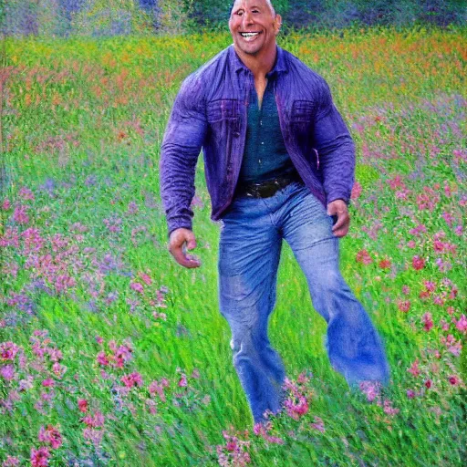 Prompt: Dwayne Johnson frolicking in a field of flowers, painting by Claude Monet, colorful