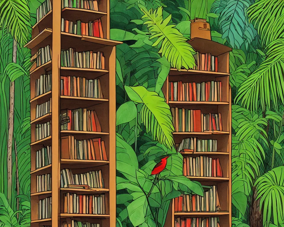 Image similar to one small bookshelf in the rainforest, featuring federal reporters, by hopper. hyperdetailed, proportional, romantic, enchanting, achingly beautiful, graphic print, trending on artstation, jungle, tropical, foliage