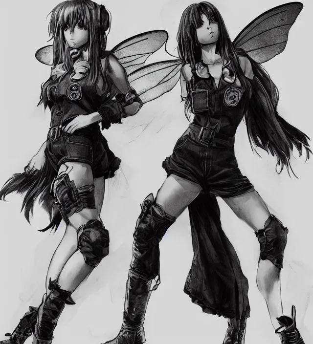 Image similar to full body pose, hd, manga anime portrait of a fairy girl in combat boots and overalls, in ishikawa ken frank miller jim lee alex ross style detailed trending award winning on flickr artstation,