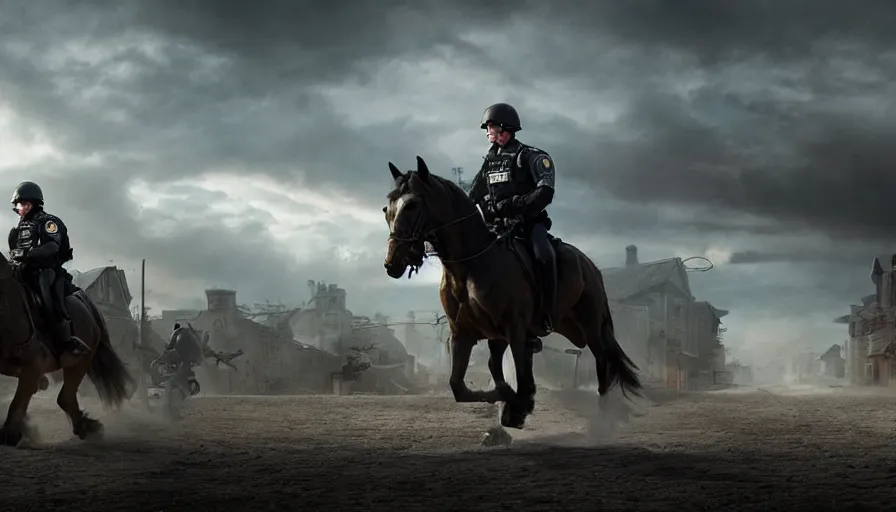 Prompt: police riding a militarized horse through an orwellian town, troops searching the area, action scene, an epic fantasy, dramatic lighting, cinematic, establishing shot, extremely high detail, photorealistic, cinematic lighting, artstation, octane render, by Christopher Nolan, horizon forbidden west