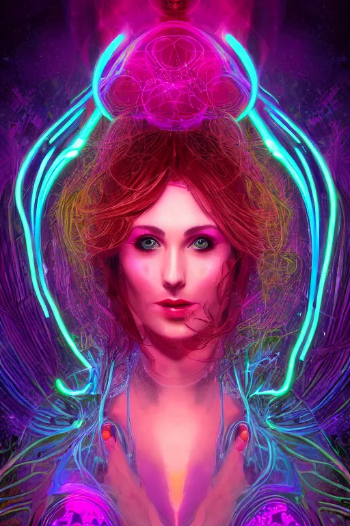 Prompt: full dark face portrait! of a beautiful! woman filled with spiral of numbers neon lights, digits written on foreground, retrowave color scheme, fractal chaotic dark, nebula background, by mucha and julie bell, artstation, deviantart, 8 k