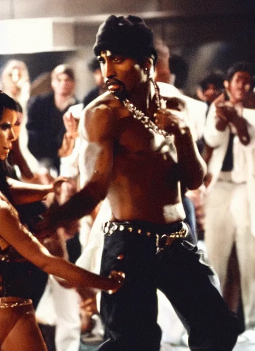 Image similar to film still of Tupac as tony montana dancing with kim kardashian in scarface, 4k