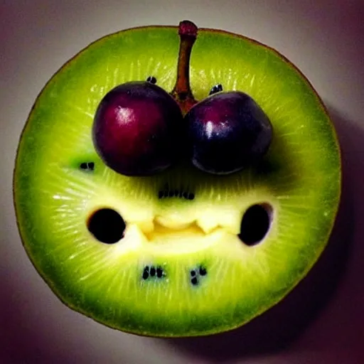 Prompt: “ fruit staring at you with cute eyes ”