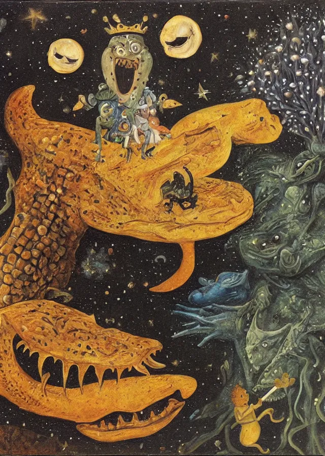 Prompt: the queen of the moon feeding stars to a crocodile with mushrooms growing on it, painted on masonite, by remedios varo